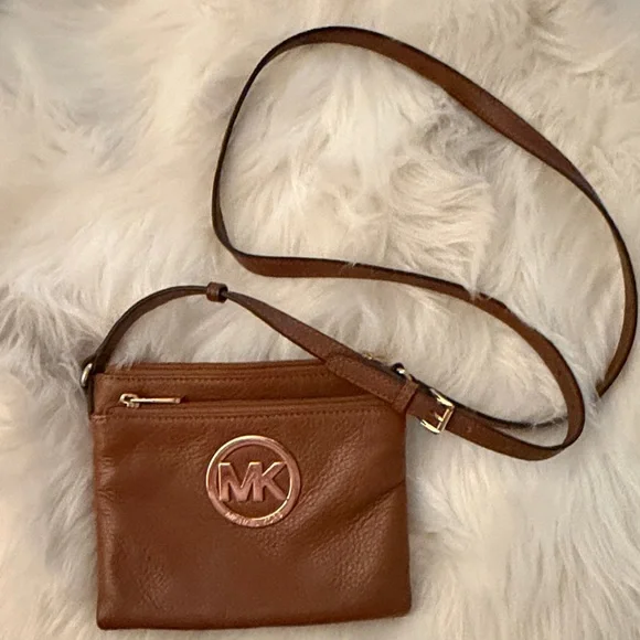 Michael Kors Cognac Leather MK Logo Crossbody Bag - Picture 8 of 13